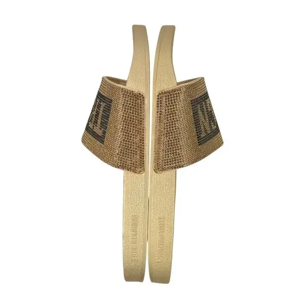 True Religion Jasmin Slide Sandals Gold Bling Rhinestone Studded Spellout - Picture 5 of 7